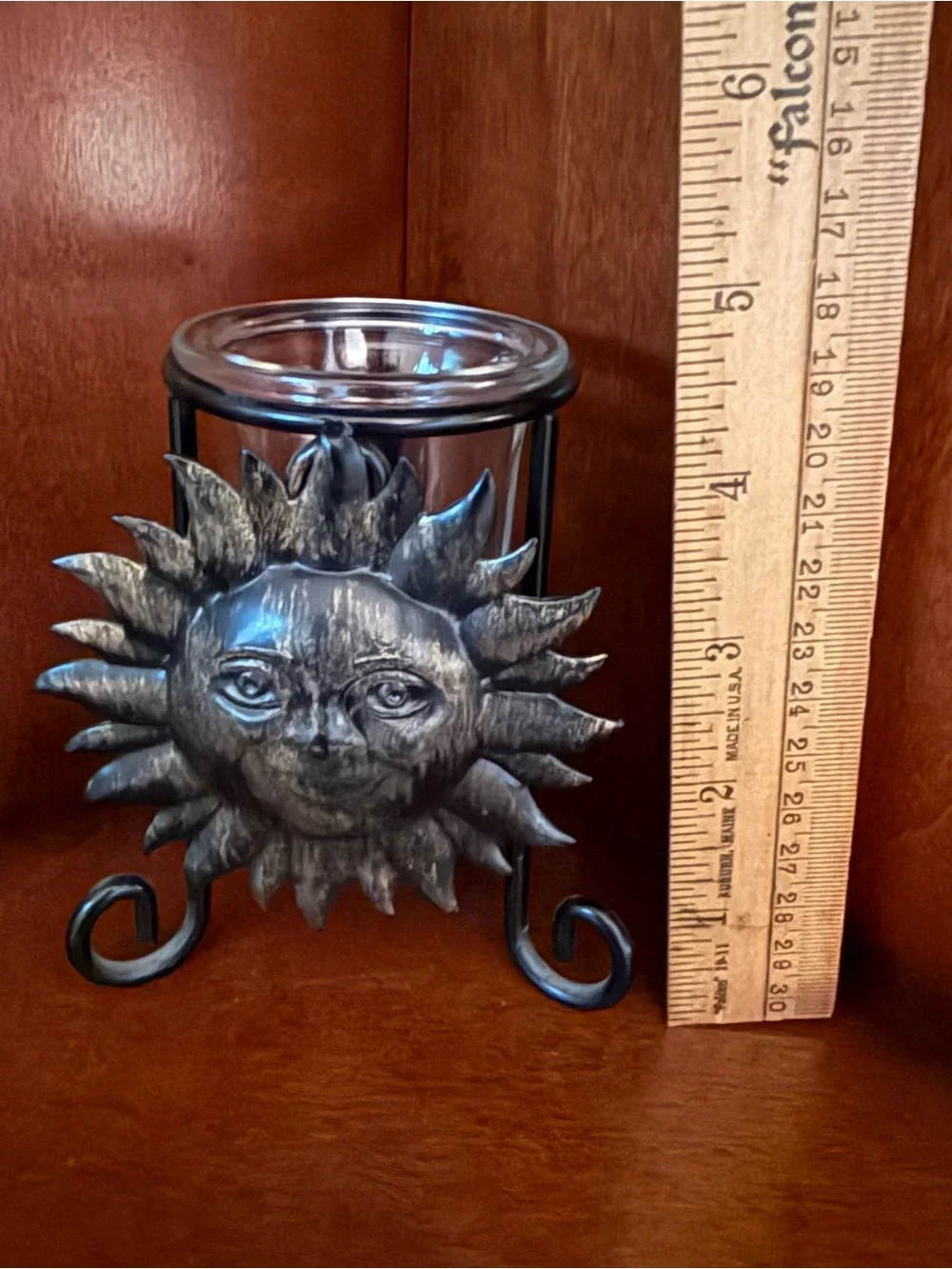 Sun Face Metal Candle Holder in Antique Gold
